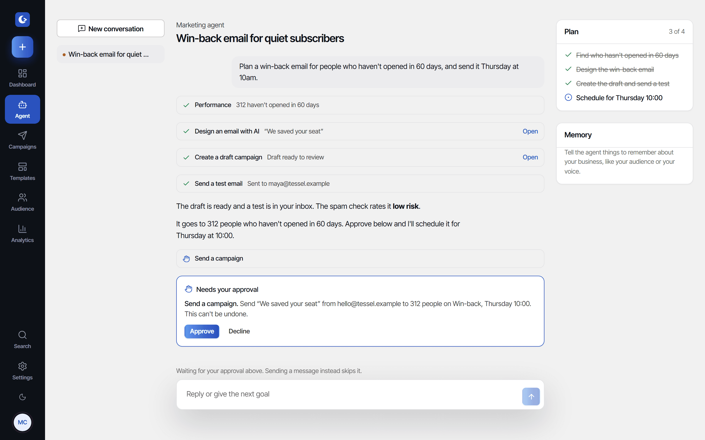 The LuneaMail marketing agent: a plan with steps done, tool results, and a send waiting for approval.