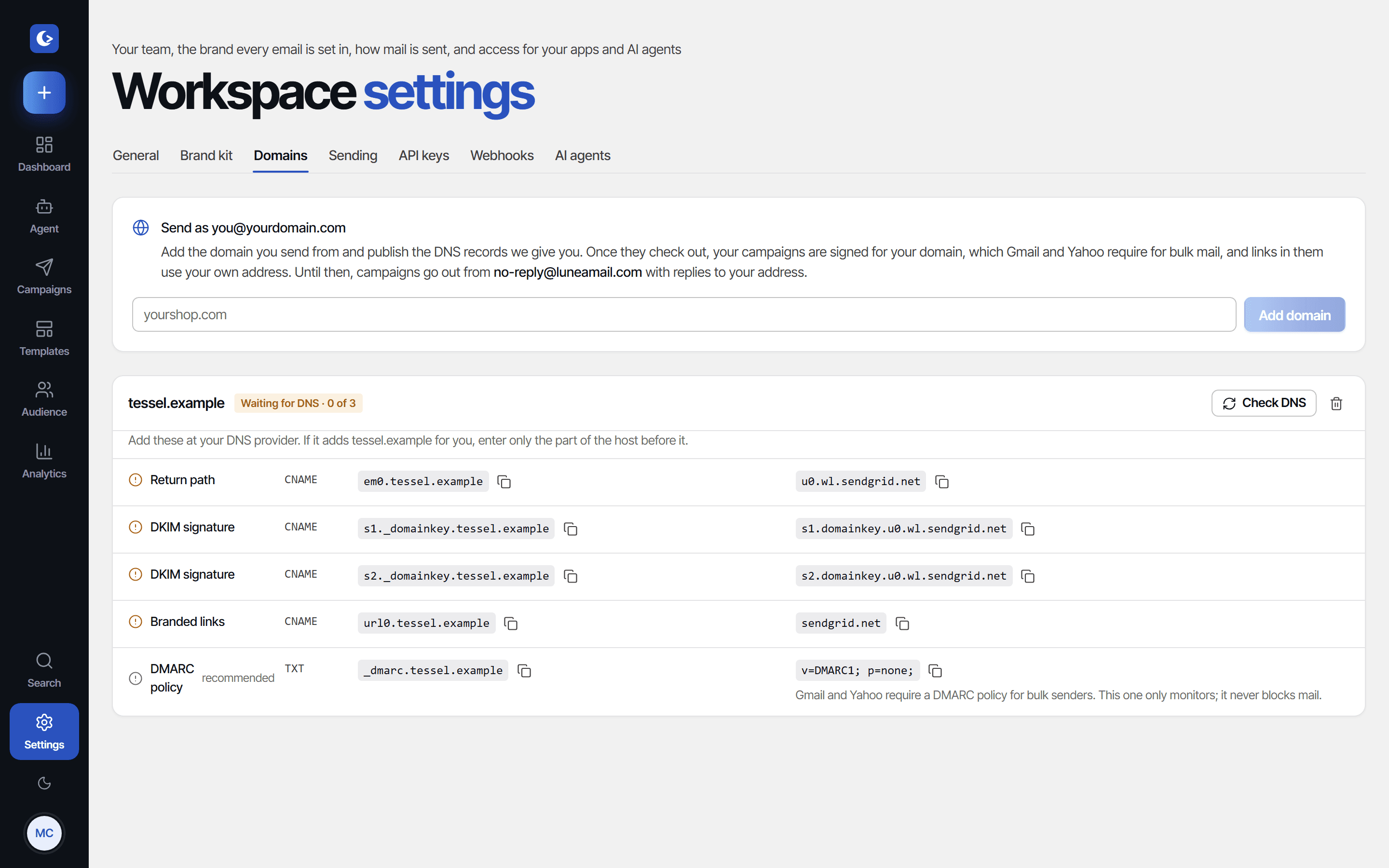 Settings › Domains: the DNS records to publish for a sending domain, with copy buttons.
