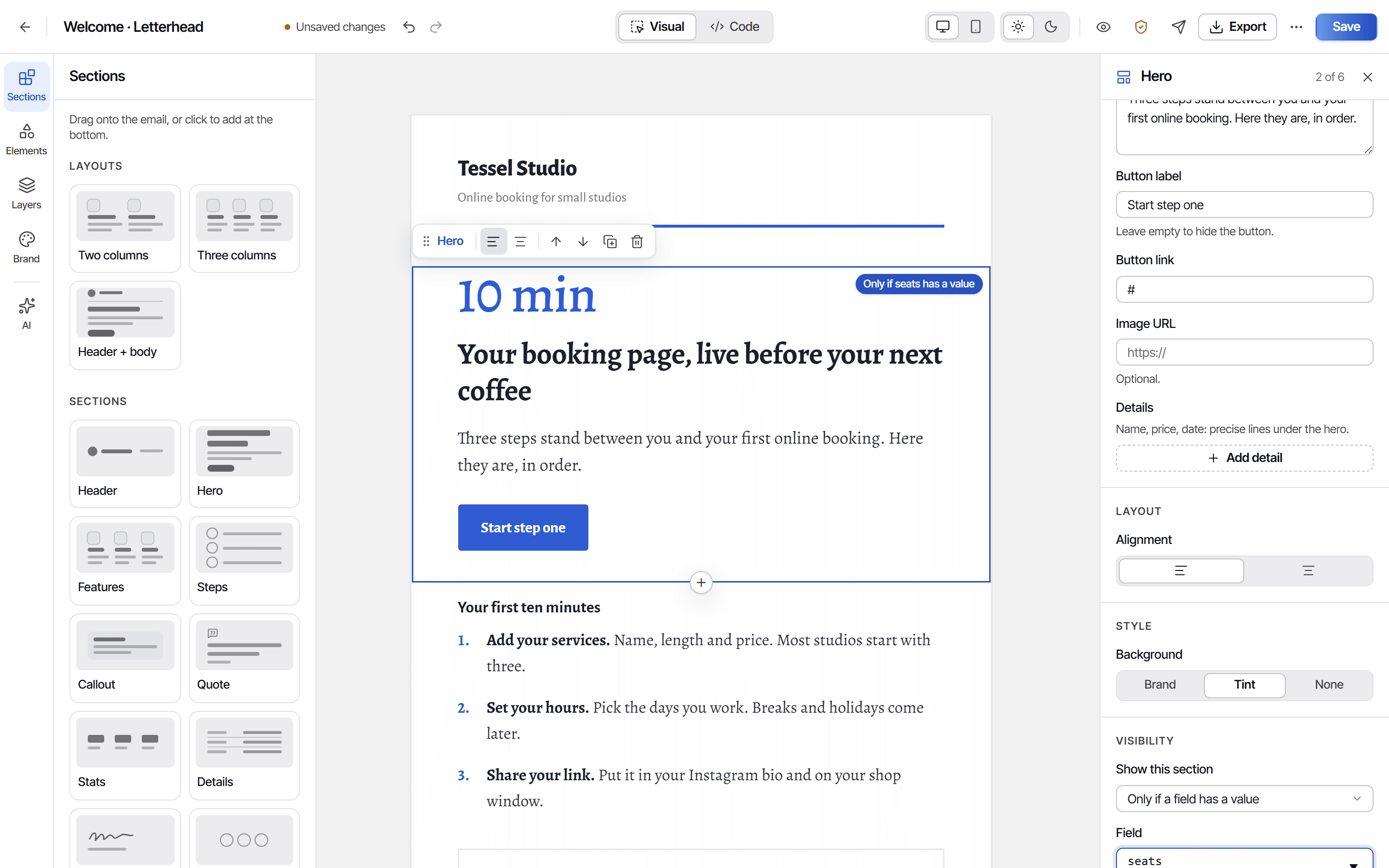 The visual editor with sections, an email in the Letterhead style, and the inspector.